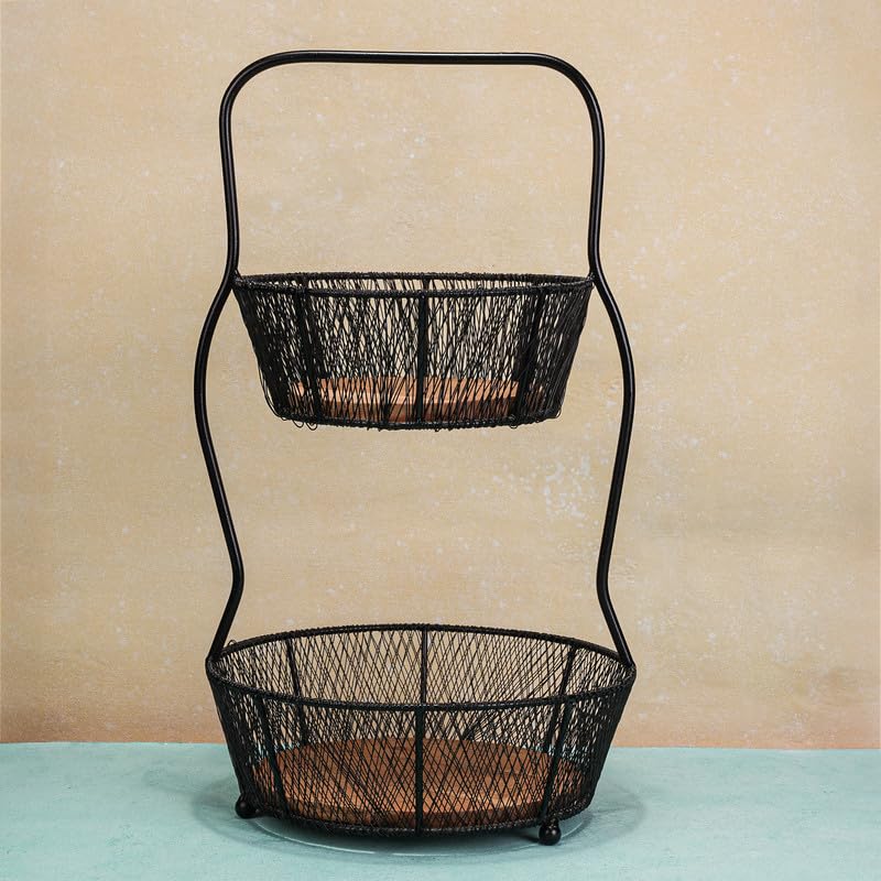 Image of Nest Multipurpose 2-Tier Storage Basket | Acacia Wood & Iron Handles | Wooden Storage Organizer | Kitchen, Living Room, Bathroom & Home Decor | Natural Finish
