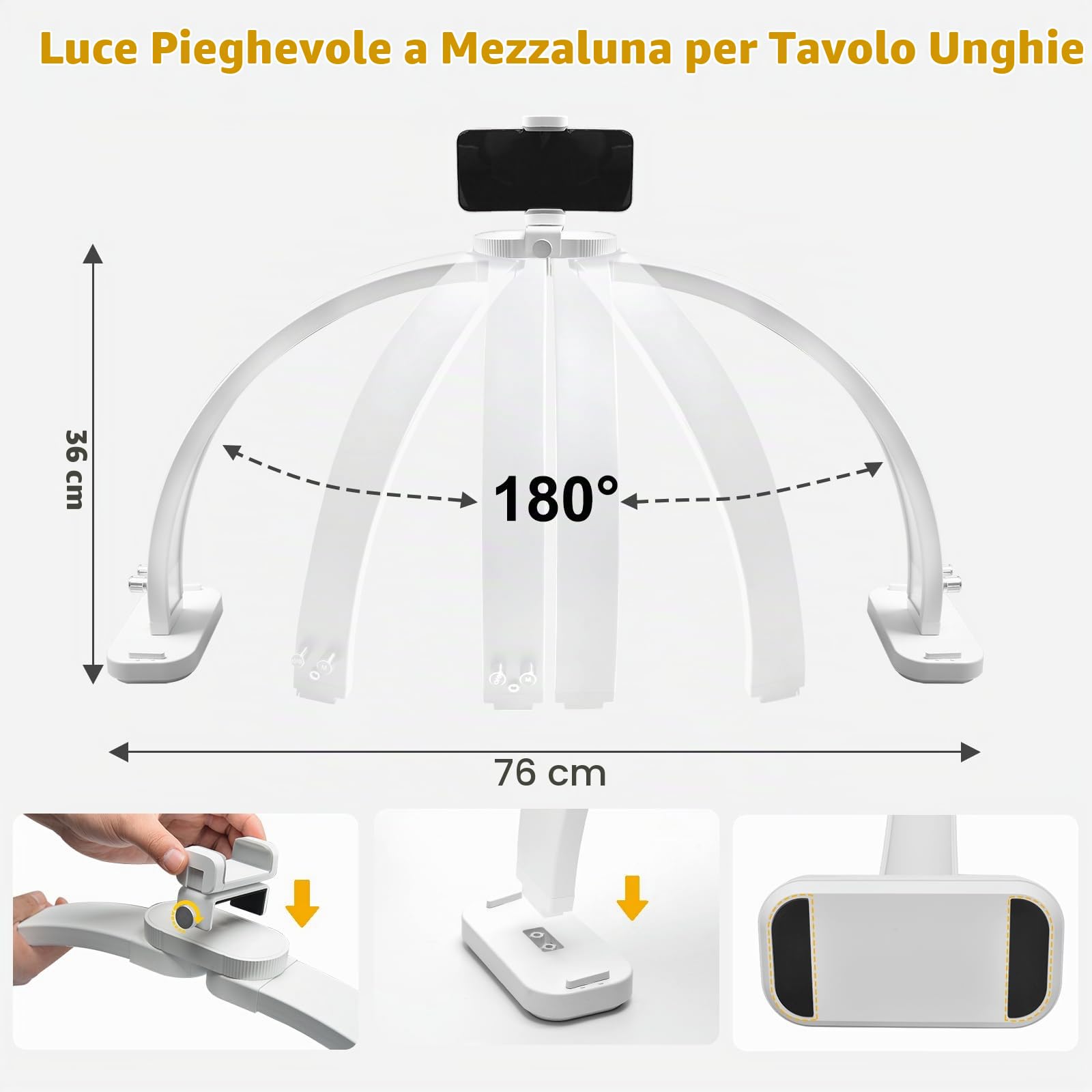 CGBE Mezza Luna Lampada per Unghie con Portacellulare per Tatuaggi Manicure | 30 Pollici - 45W - 3000-6500K Dimmerabile con 3 Modalità di Colore - LED Lampada da Scrivania per Unghie - Bianco