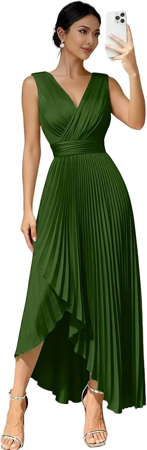 Uknztcl Women's V-Neck Bridesmaid Dresses with Slit for Wedding Pleated Satin High Low Long Formal Evening Dress