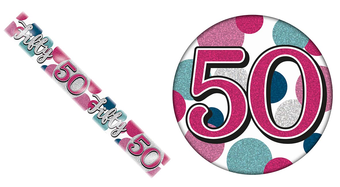 Age 50 Pink, Purple And Silver Holographic Shiny 50th Birthday Party Kit Set (Banner And Giant Badge)
