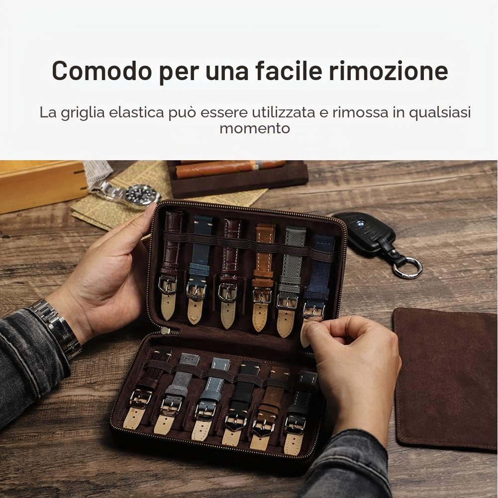 Contacts Custodia in vera pelle con cerniera per 12 cinturini per orologi, da viaggio, compatibile con tutte le serie di cinturini e accessori Apple Watch