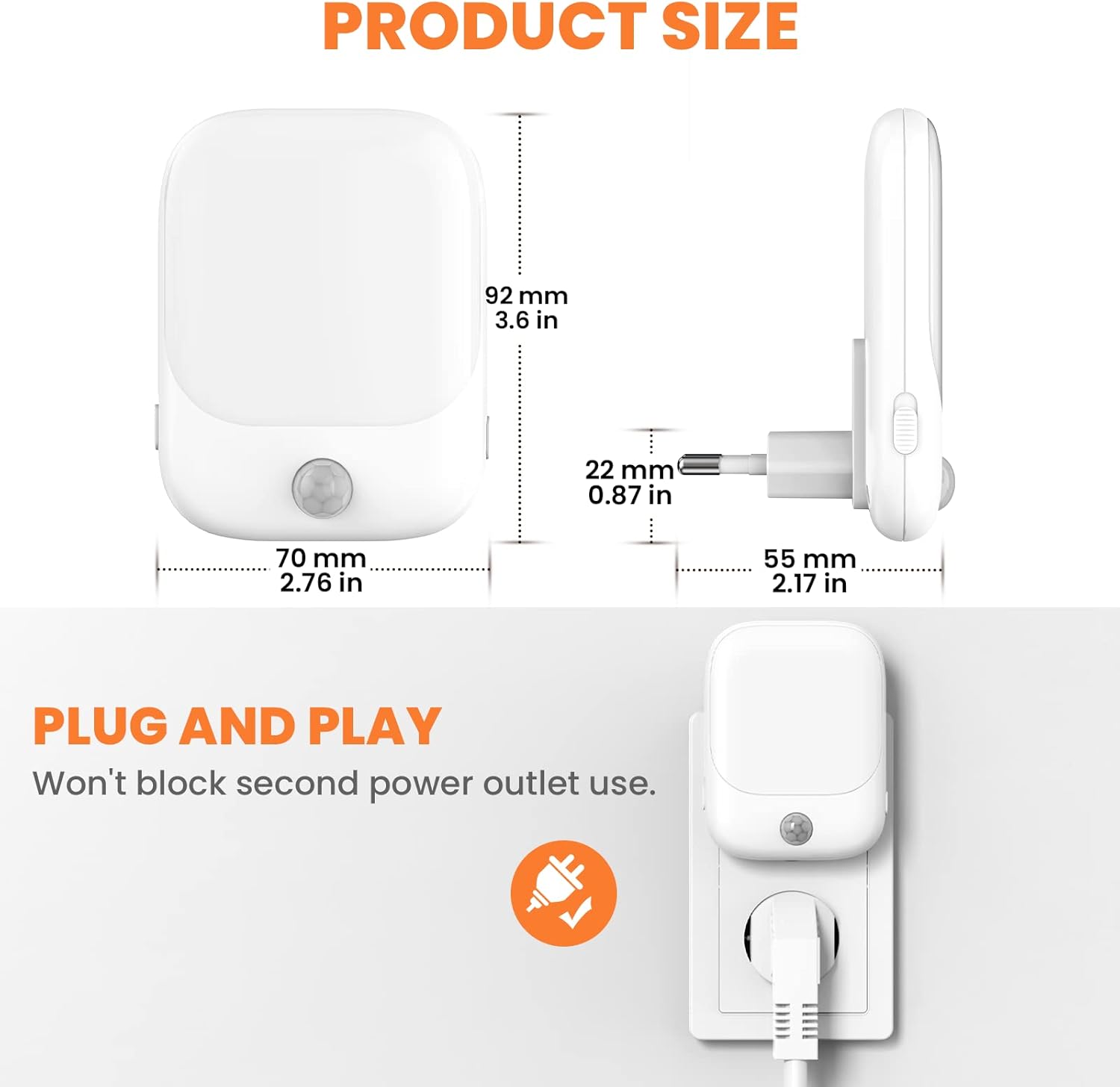 FOMYHEARD Lot 2 Veilleuses LED : Luminosité Réglable & Capteurs Crépuscule/Humain pour Nuits Sereines - Description