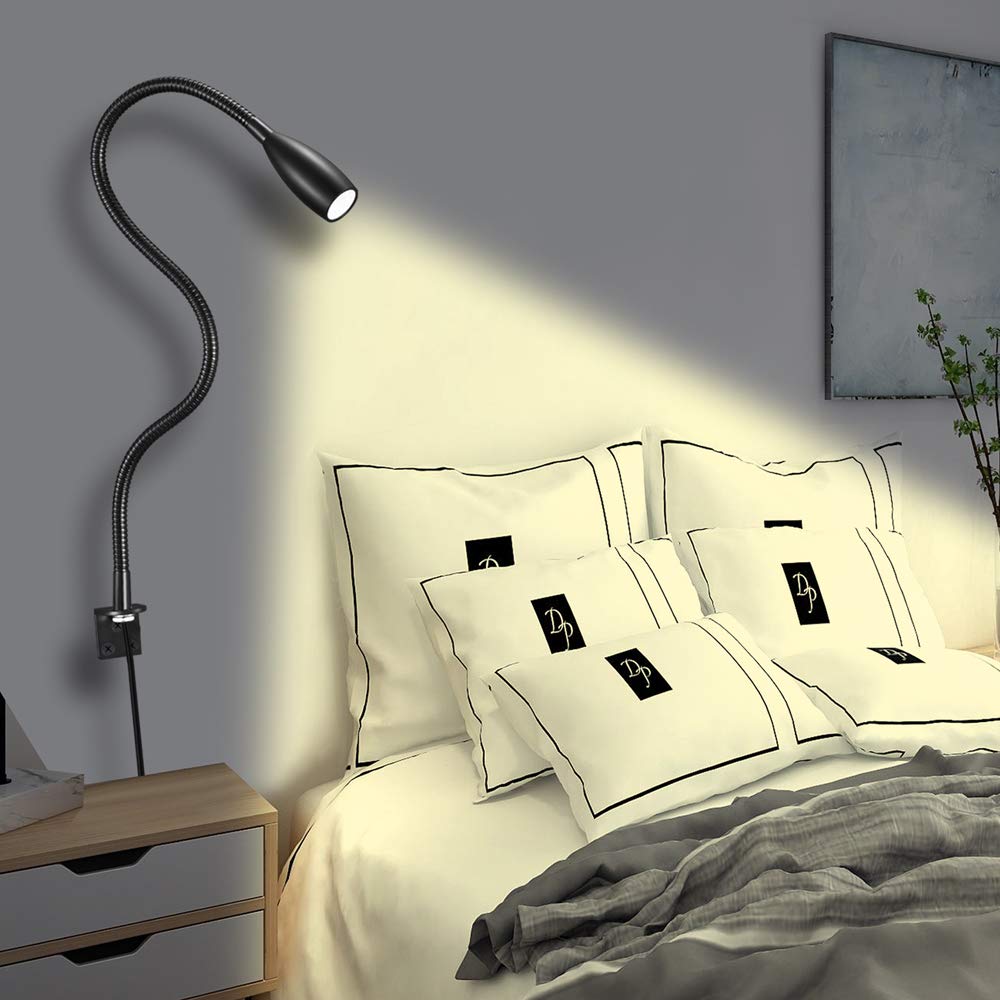 Lampka do czytania LED,lampka nocna Oświetlenie naścienne Półka na biurko Oświetlenie wyświetlacza 200lm/3000k/3w/110-240 V AC, kąt świecenia: 30 °, długość gęsiej szyi:49cm,długość przewodu zasilającego:2m,ciepła biel(włącznik/wyłącznik) (czarny)