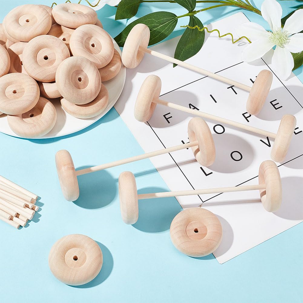 OLYCRAFT 30Pcs 50x16mm ruote artigianali in legno con 15Pcs 15cm/5.9 pollici bastoncini di legni Ruota di legno grandi Ruote di legni rotonde per artigianato fai da te auto modello
