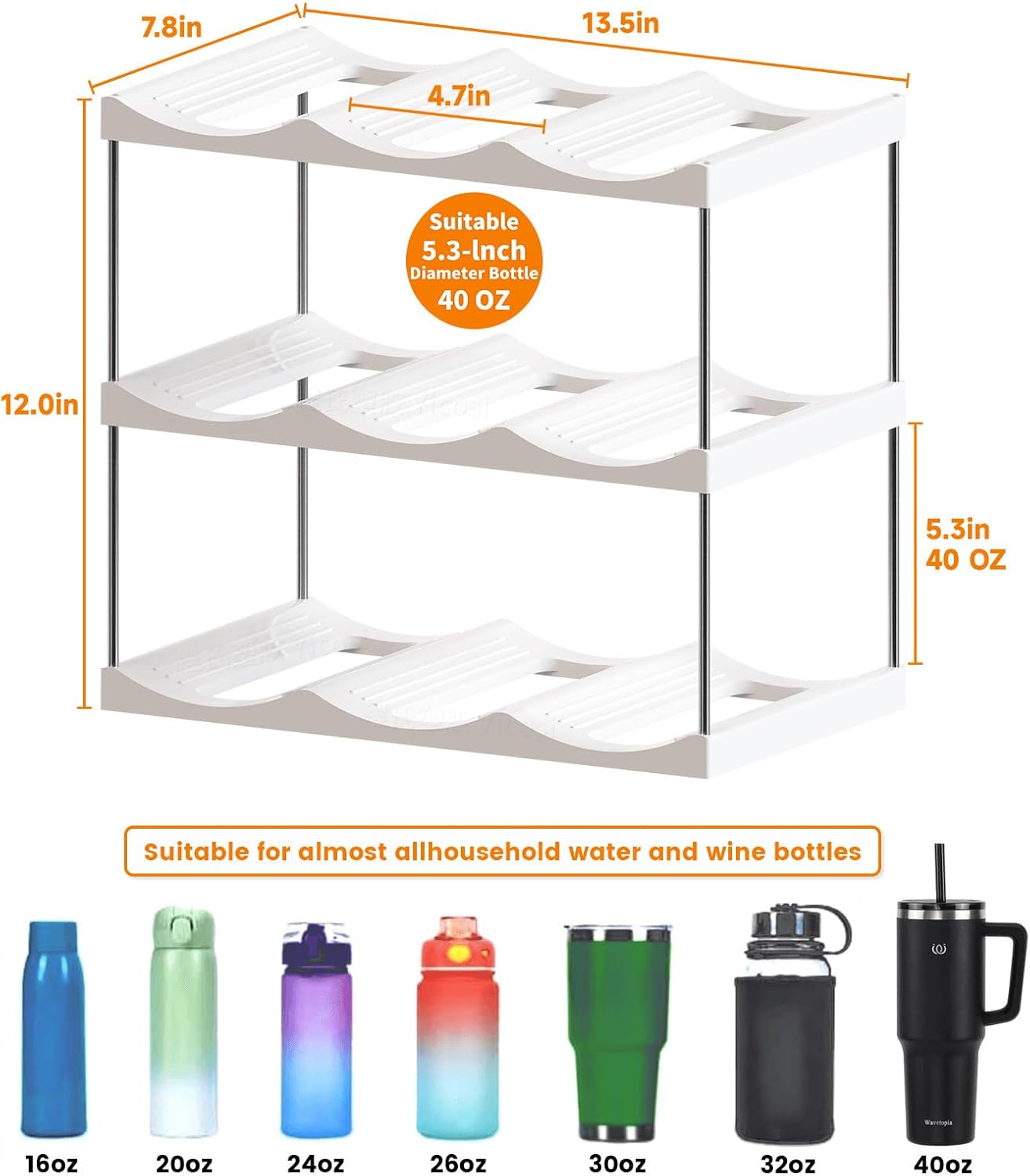3 Tier Stackable Water Bottle Organizer – Larger Compartments for 40 oz Stanley/Yeti Tumblers, Clear Storage Holder & Wine Rack, Cup Organizer for Kitchen Cabinets/Counter/Pantry - Image 2