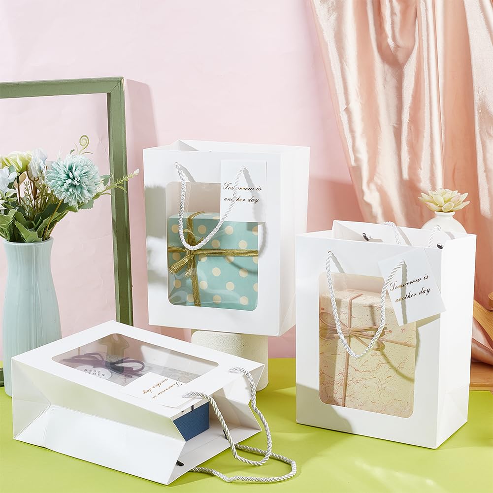 BENECREAT 30 pz Sacchetti Regalo Bianchi Trasparenti con Finestra, Sacchetti Regalo In Carta con Finestra Visibile, Sacchetti di Carta Regalo per Caramelle con Manico con Coulisse,18x14x25cm