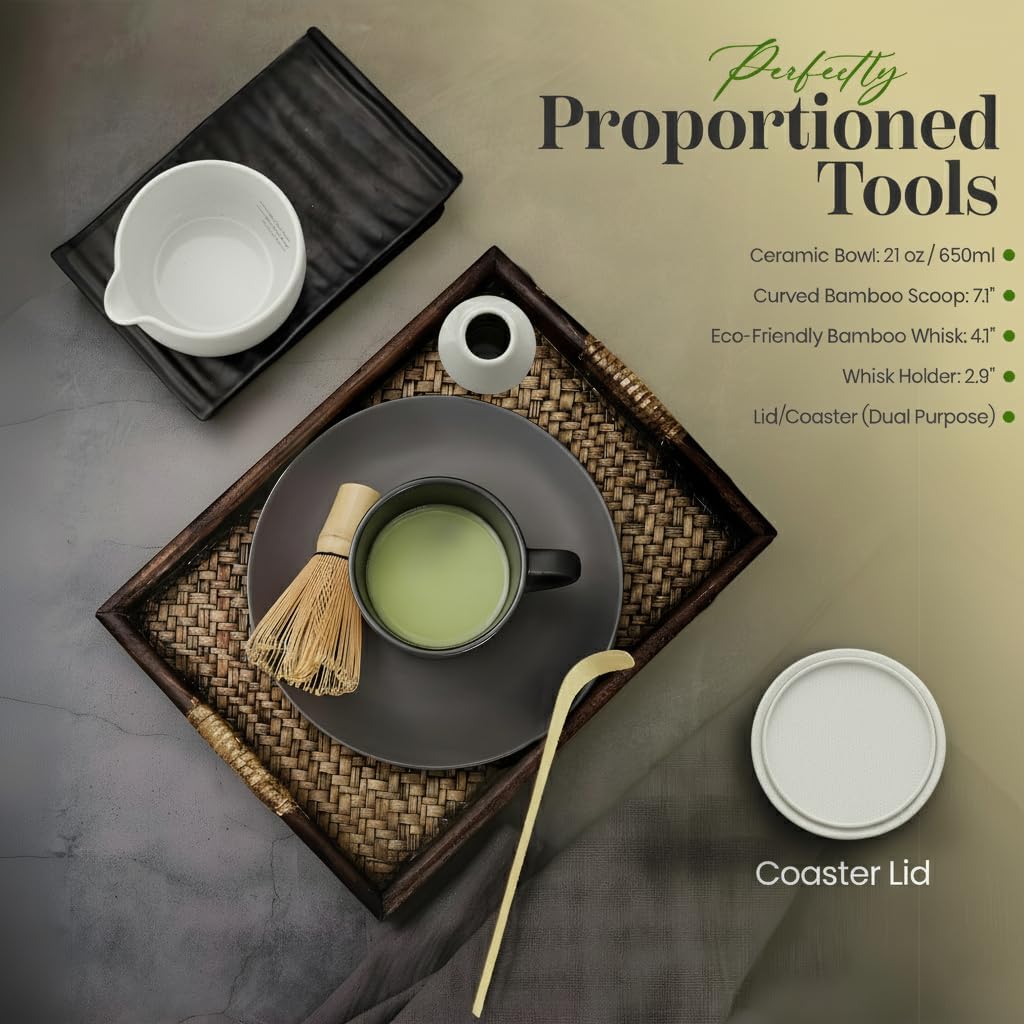 Matcha Whisk Set – Complete Matcha Kit with Ceramic Bowl (650ml / 22oz) & Measurement Lines, Bamboo Chasen, Scoop, Holder & Lid – Matcha Tea Set Gift for Beginners – White