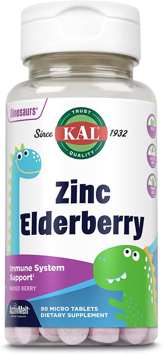 KAL Kids Zinc Elderberry Dinosaurs, Immune Support Supplement* for Children w/Sambucus Elderberry, Fast Dissolving Mixed Berry ActivMelts, Fun, Tasty Dino Shapes, Vegan, 90 Servings, 90 Micro Tablets