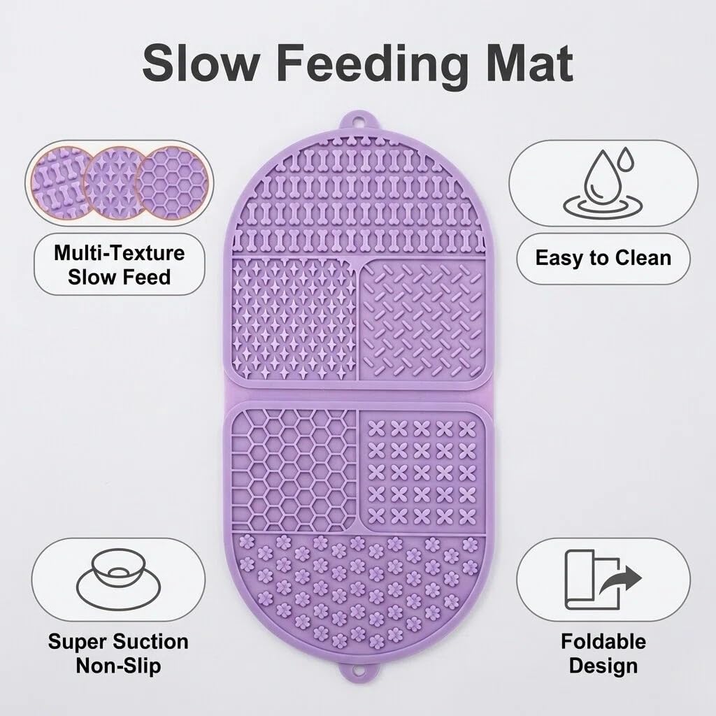 Tappetino pieghevole per leccare cani, 142 ventose in silicone, con 6 zone strutturate, tappetino per alleviare l'ansia, per la toelettatura del bagno, senza BPA, per cani e gatti (viola, 44