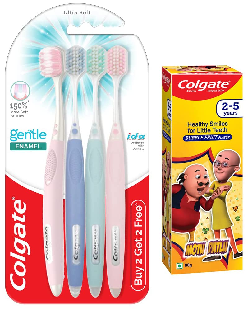 Colgate Gentle Enamel Ultra Soft Bristles Manual Toothbrush for adults, 4 Pcs & Colgate Kids Toothpaste for 2-5 Years - 80gm (Bubblefruit flavour), Multicolour-image-3