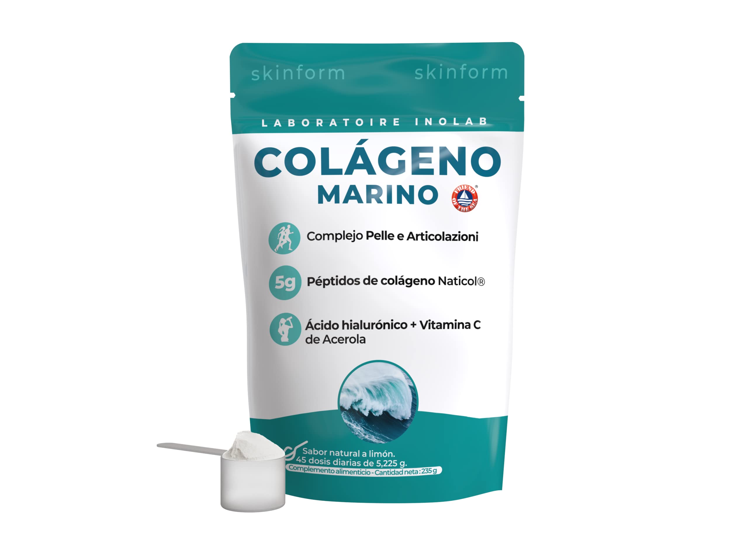 INOLAB Colágeno marino hidrolizado & Ácido hialurónico & Acérola BIO/5,225 gr durante 45 días/Efectos clinicamente comprobados/sabor agradable natural de limón
