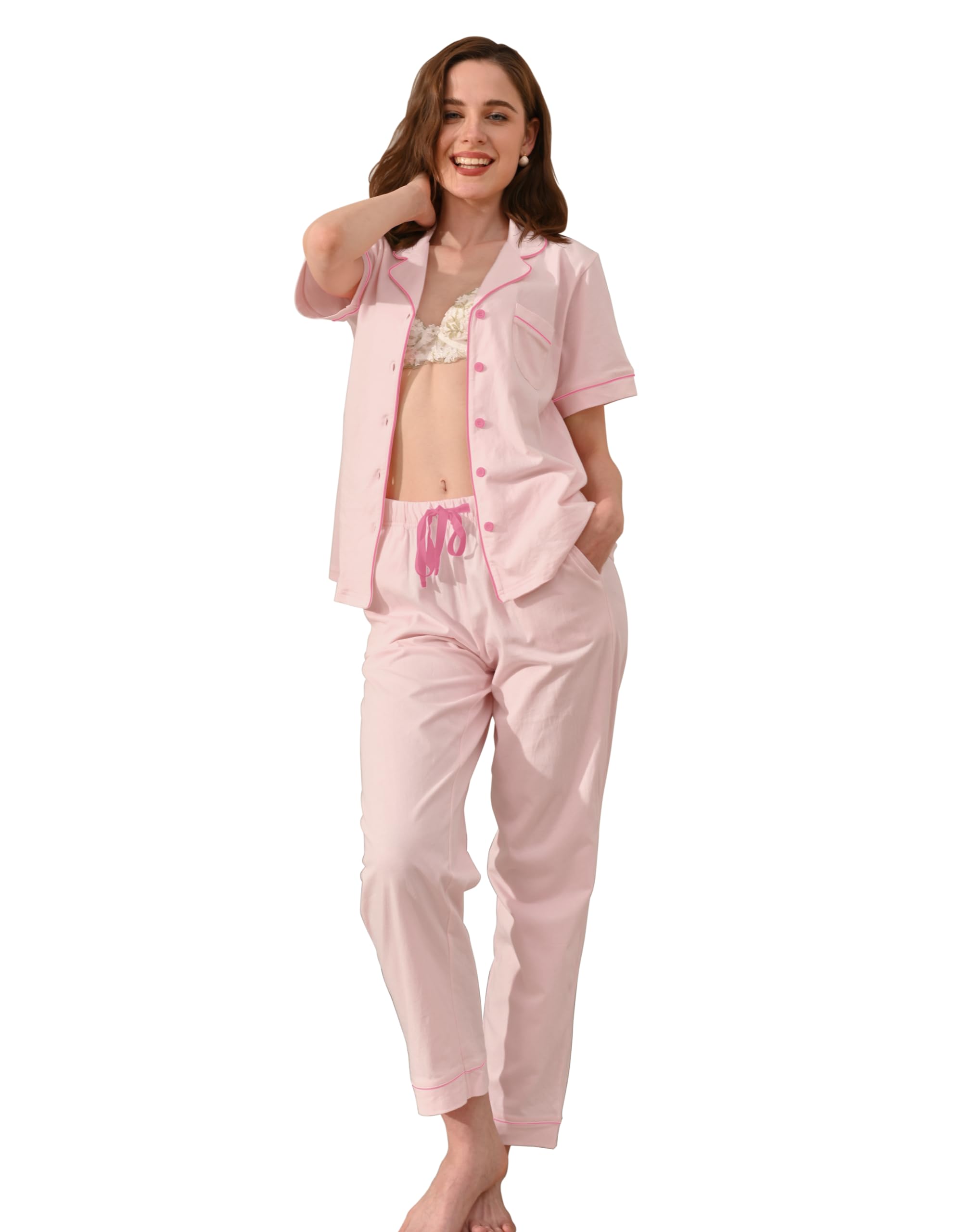 NAP BOUND 100% Cotton Women's Pajama Sets Short Sleeve Button Down Soft Pjs 2 Piece Lounge Set with Pocket Nightwear XS-XXL