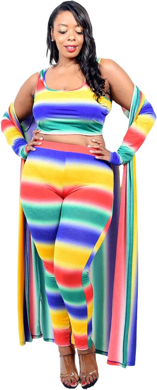 Plus Size Leggings Crop Top Cardigan 3 Piece Set Rainbow