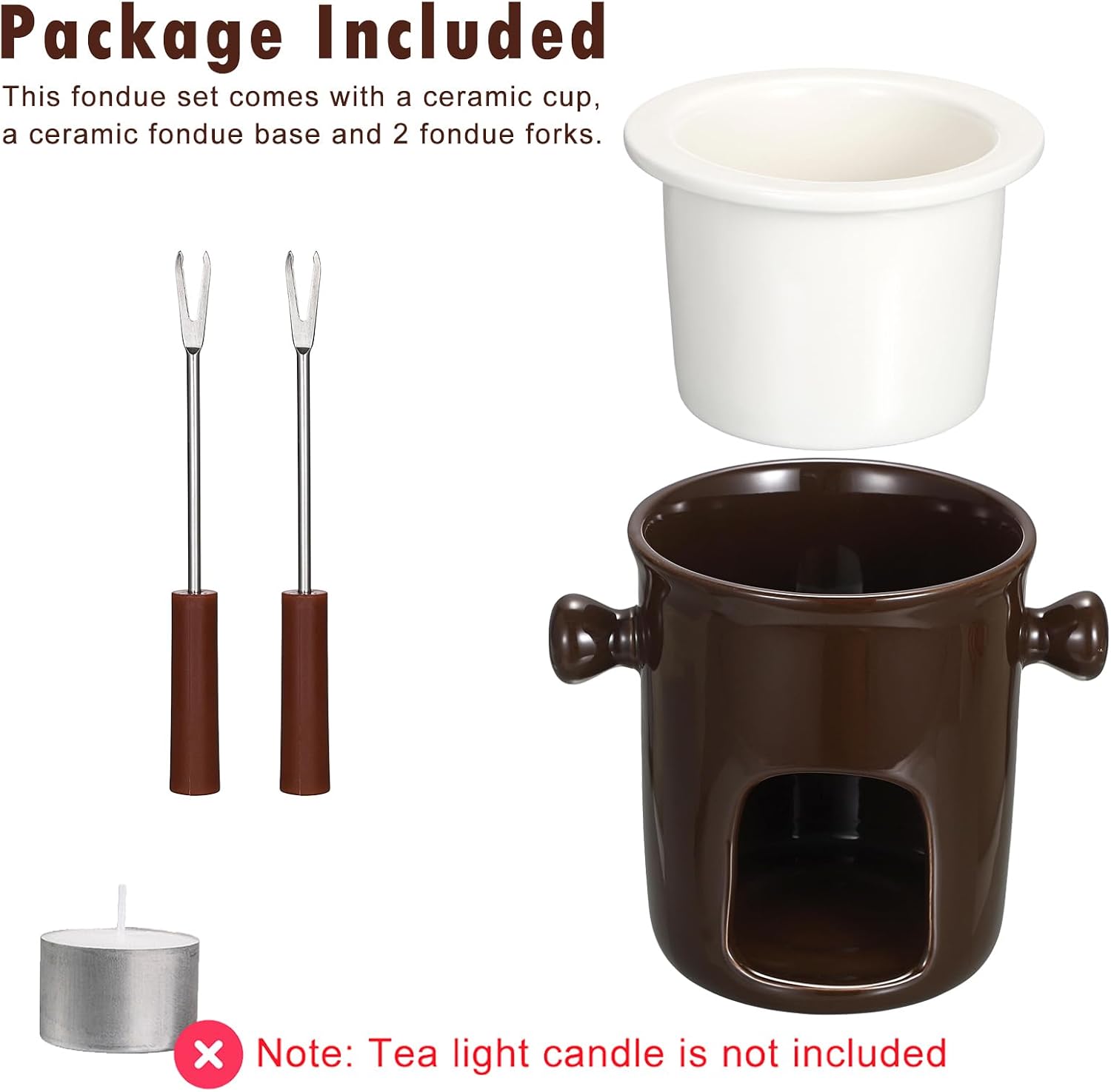 BSTKEY 280ML Ceramic Butter Warmer Set with 2 Forks, Fondue Pot Melting Pot Set, Melt Hot Pot Bowl Set for Cheese Chocolate Butter Caramel (Brown)