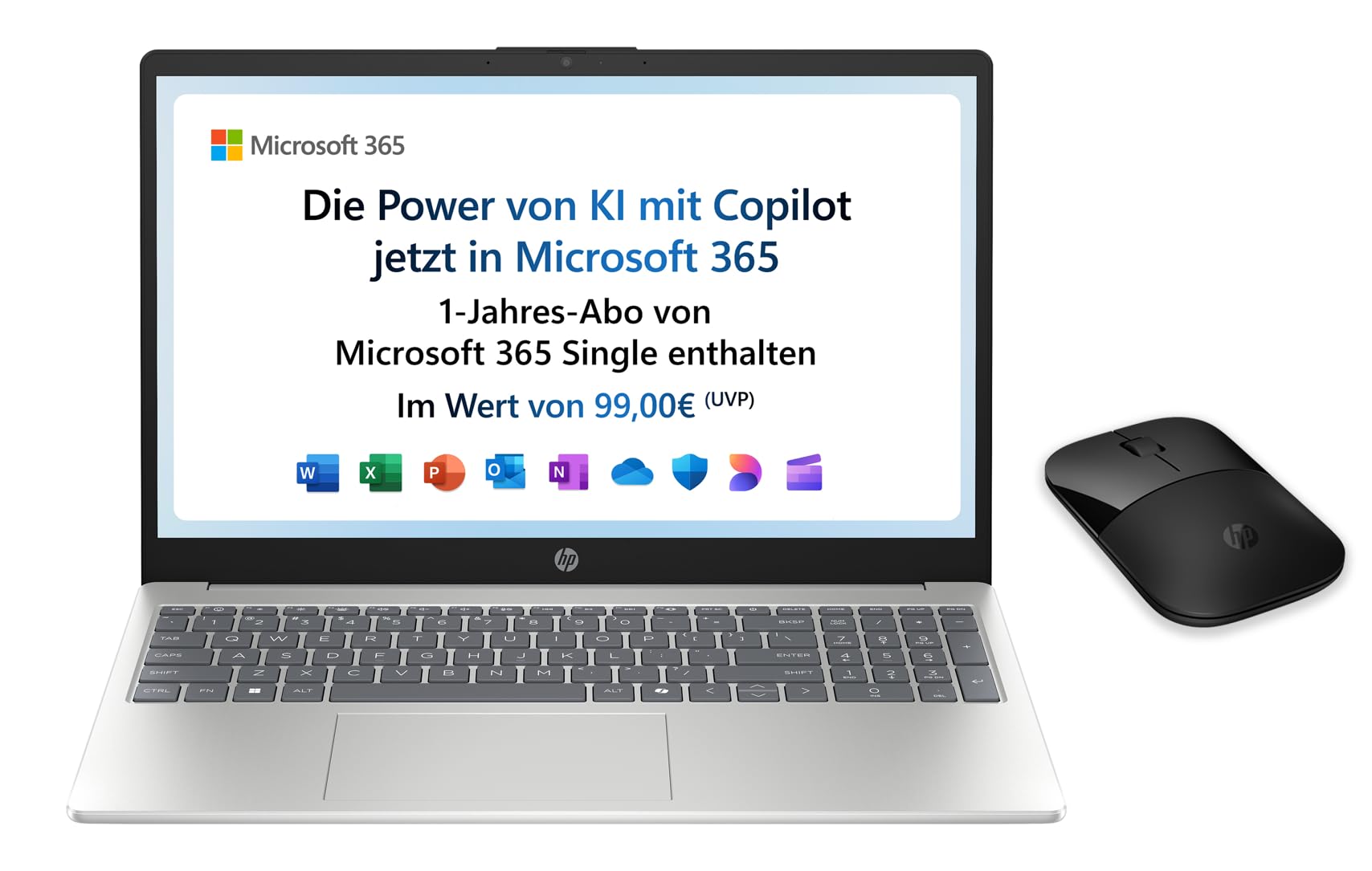 HP Laptop mit 15,6" FHD Display, Intel Processor N100, 4 GB DDR4 RAM, 128 GB UFS, Intel UHD, Microsoft 365 Single (1 Jahr), Windows 11 Home im S-Modus , QWERTZ, Silber + HP Z3700 kabellose Maus
