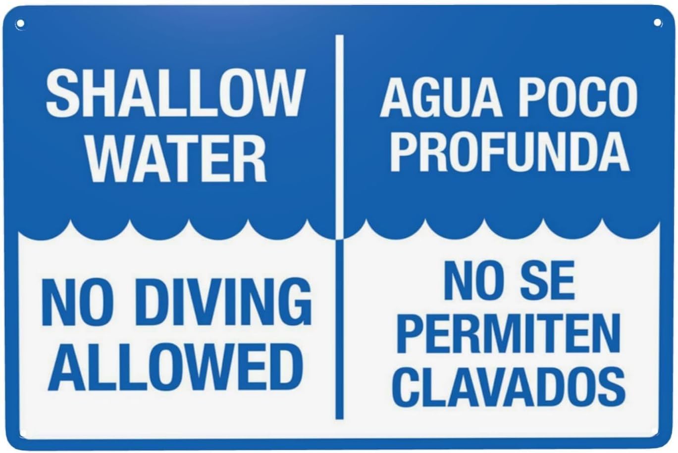 Shallow Water No Diving Allowed Bilingual Spanish-English Rust Free Aluminum Sign - Retro Pool Safety Decor with Pre-Drilled Holes - 12x16 Inch​