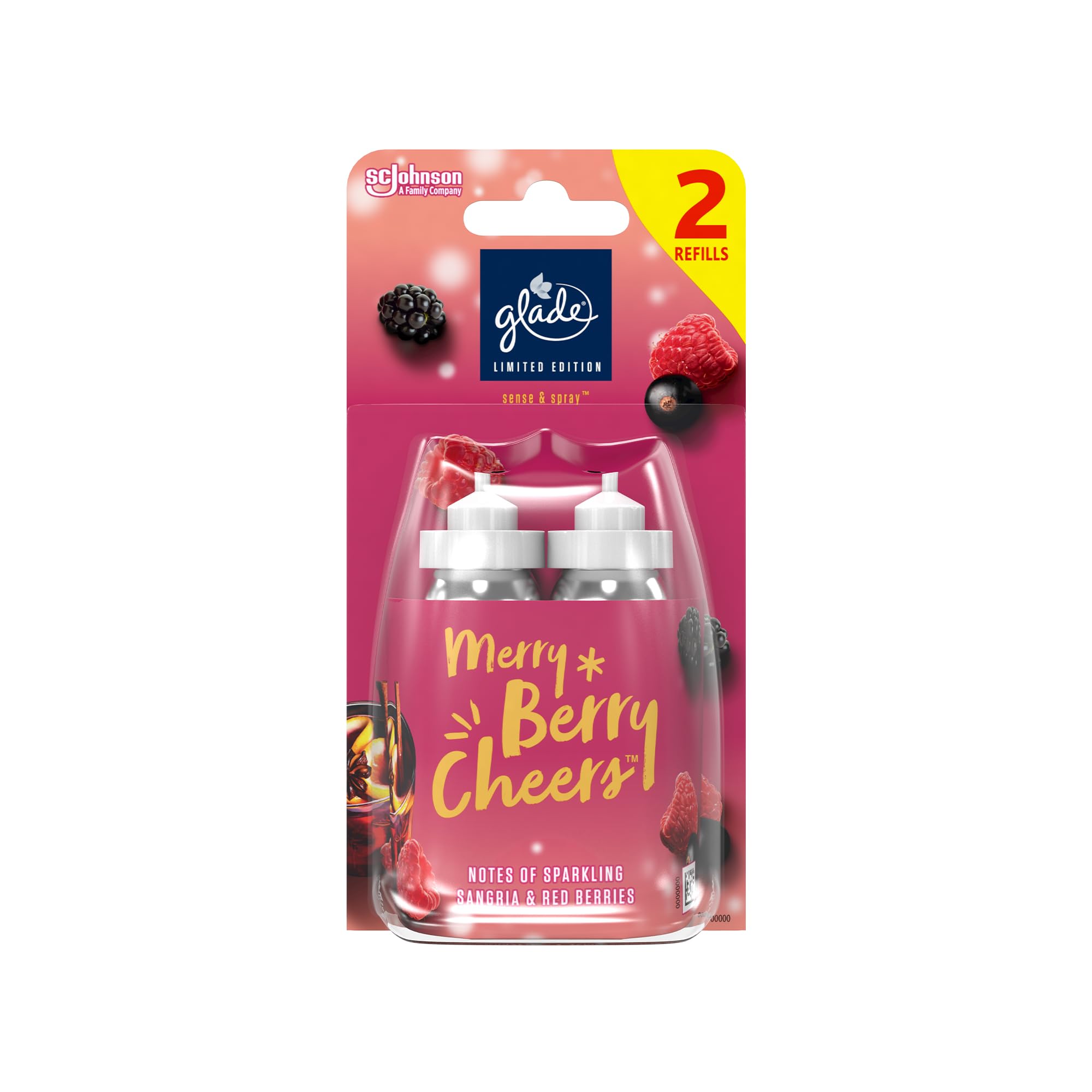 Glade Sense & Spray - Recambio de ambientador, spray automático activado por movimiento y eliminador de olores para el hogar, Merry Berry Cheers, paquete doble (2 recambios de 18 ml)
