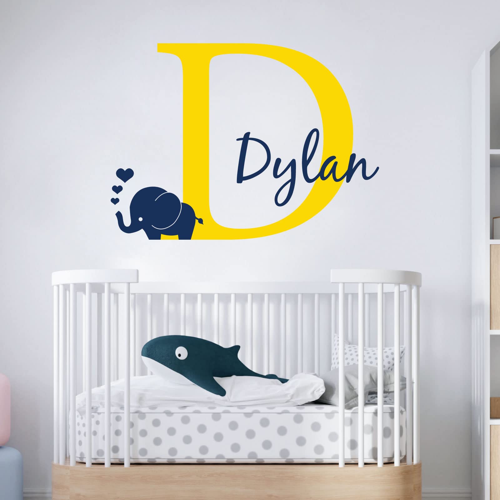 Personalised Baby Girl/Boy Name with Initial Letter and Baby Elephant, Hearts - 2 Colours [Large] [Medium Yellow]