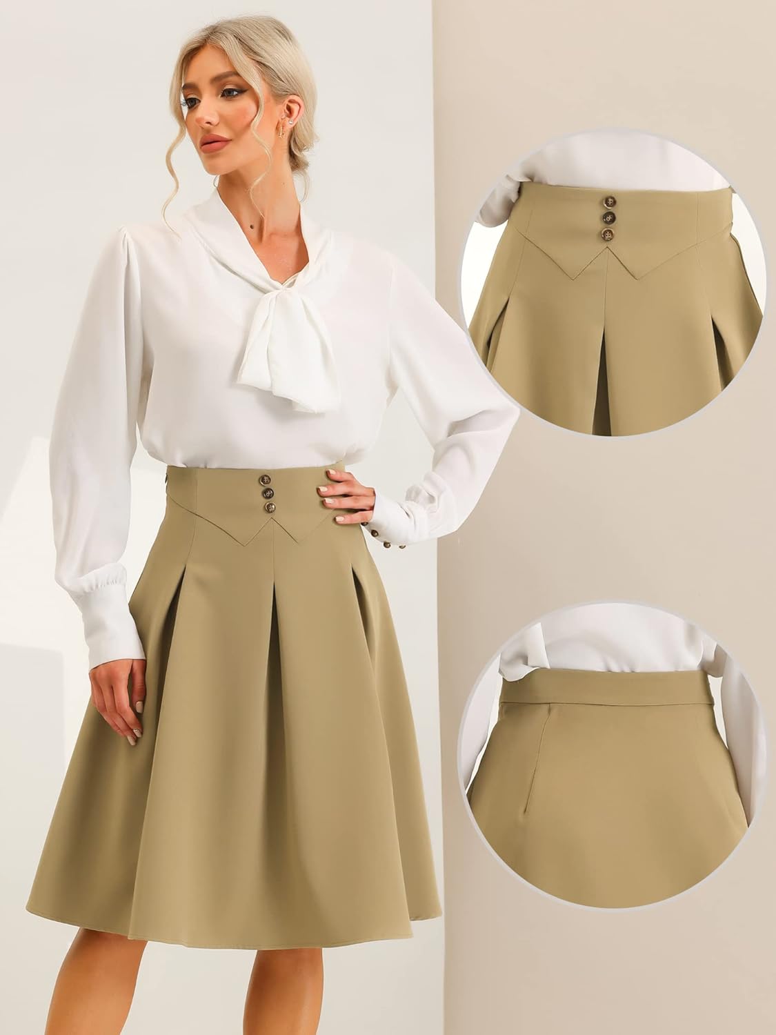Allegra K Casual Office A-Line Skirt for Women's Knee Length Button Decor Midi Pleated Skirts - Image 2