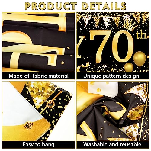 70th Birthday Decorations - Black Gold 70th Birthday Banner & Balloons for Indoor/Outdoor Parties
