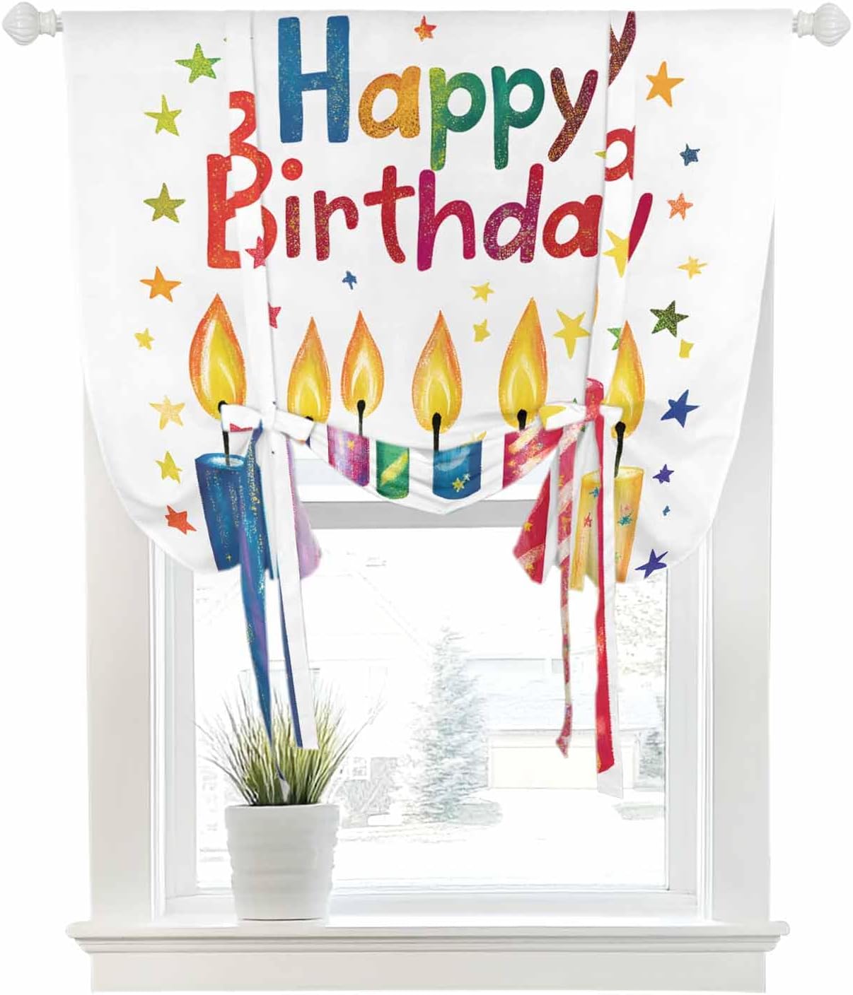 Tie Up Curtain for Windows Happy Birthday Balloon Window Shades for Bedroom Bathroom Adjustable Rod Pocket Colorful Candles Pentagram Window Treatment Curtains Valance for Kitchen 52" W x 63" L