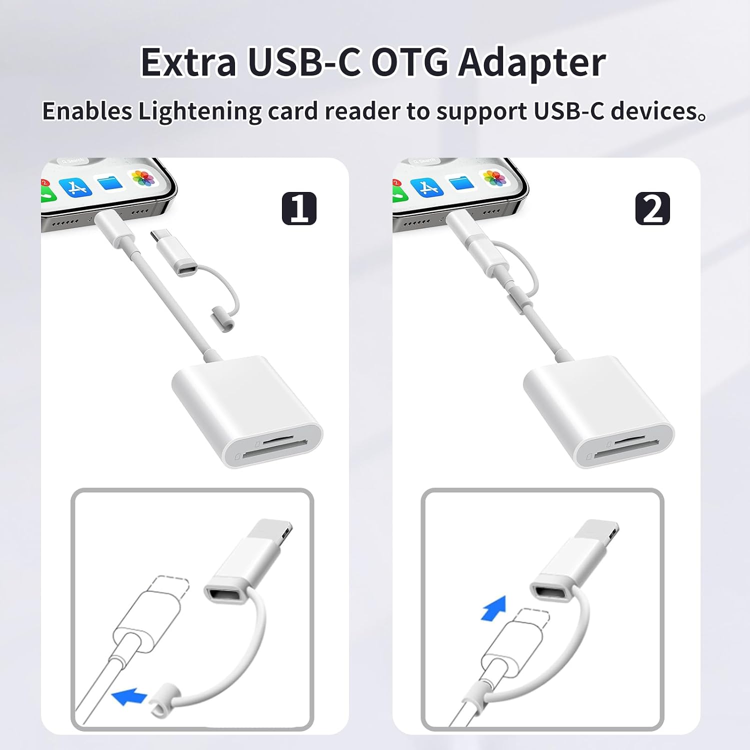 SD Card Reader for iPhone iPad, Support SD/MicroSD Cards, Portable High-Speed Digital Trail Game Camera to iPhone Viewer, White Dual Connector Memory SD Card Adapter, 2 Slots Plug and Play