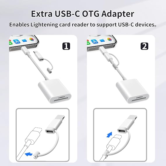 SD Card Reader for iPhone iPad, Support SD/MicroSD Cards, Portable High-Speed Digital Trail Game Camera to iPhone Viewer, White Dual Connector Memory SD Card Adapter, 2 Slots Plug and Play