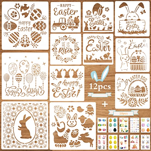 12 Stück Schablonen Ostern,Ostern Basteln,Ostern Schablonen Set,Kunststoff Zeichnung für Kinder,Malerei Schablone Ostern deko ostergeschenke,Schablone für DIY Ostern Scrapbooking,Bastelarbeiten Cover