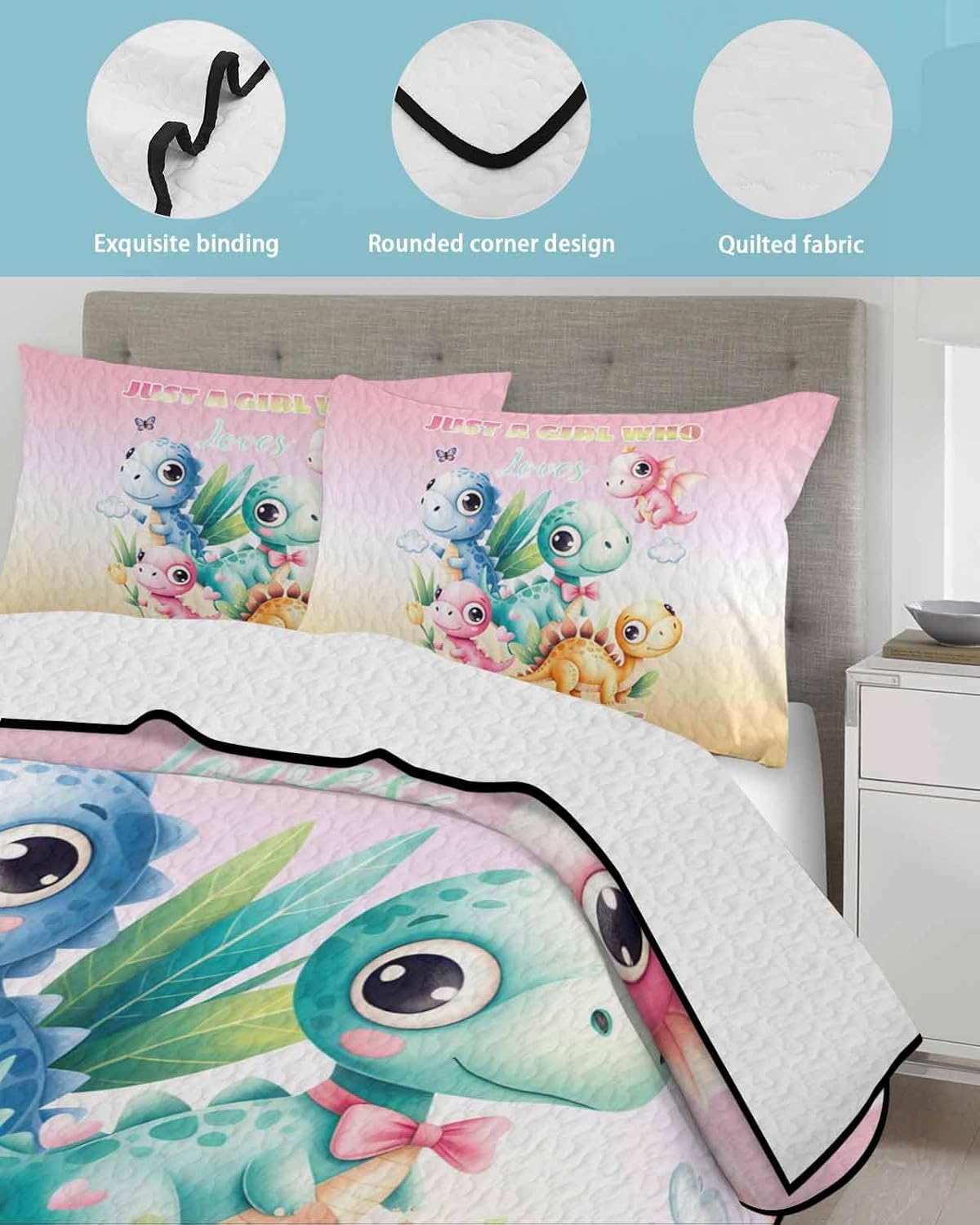 Twin Quilt Bedding Set, Cartoon Dinosaur Reversible Summer Quilt 3 Pieces, Just A Girl Who Loves Dinosaurs Cute Animals Lightweight Bedspreads Coverlets with 2 Pillow Shams for All Seasons