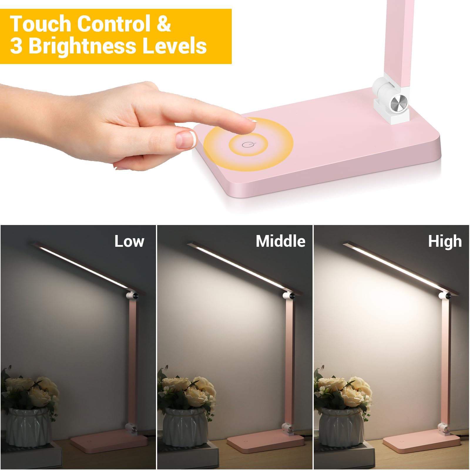 LED-Schreibtischlampe für Heimbüro, 3 Stufen, dimmbar, Lese-Schreibtischlampe mit USB-Ladeanschluss, Schreibtischzubehör, Touch-Steuerung, Tischlampe, augenschonende kleine Arbeitszimmerlampe für