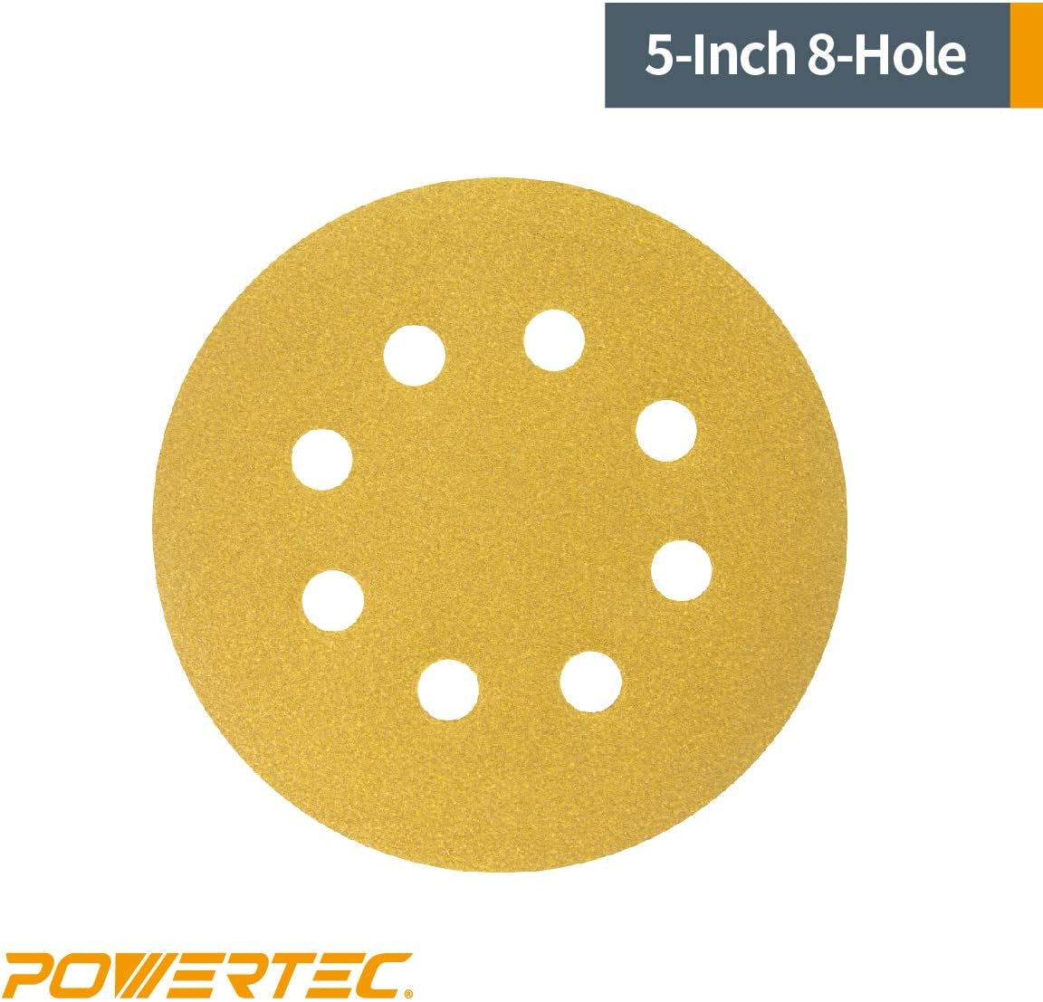 POWERTEC 44022G-50 Gold 5” Hook and Loop Sanding Disc | 8 Hole | 220 Grit – 50 Pack - - 