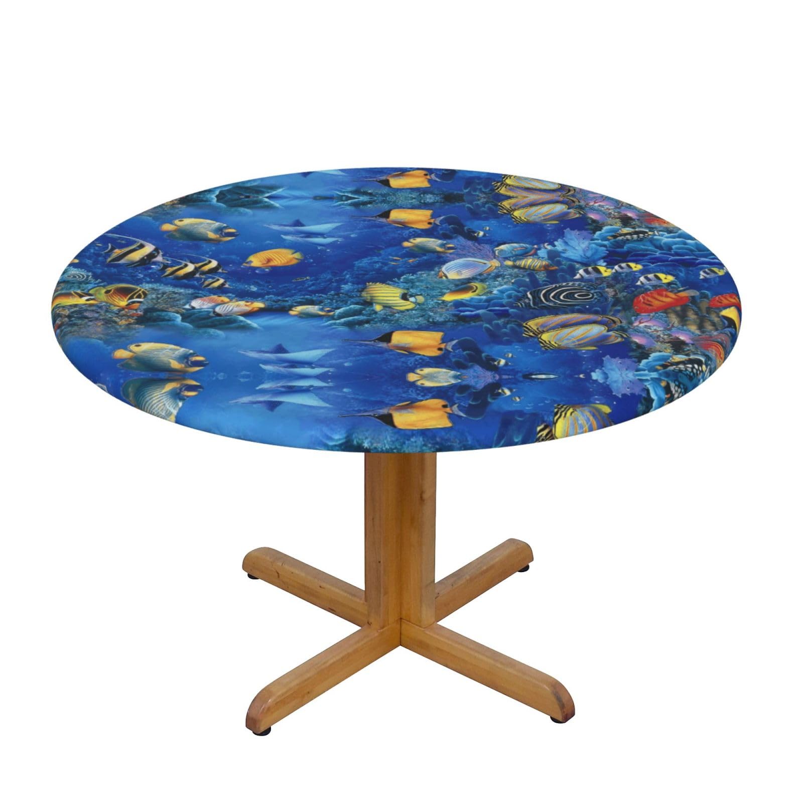 ESNAIUVCD Tropical Fishes print Waterproof Round Tablecloth,Outdoor Table Cloth with Elastic Edged, Elastic Tablecloth Wipeable, Garden Table Cloth Suitable for sizes 90cm-140cm
