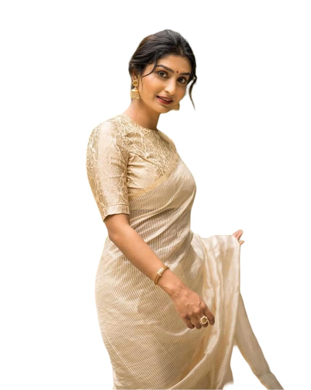 Flosive Women's Kanjivaram Off White Soft Silk With Jaquard Border & Weaving Saree