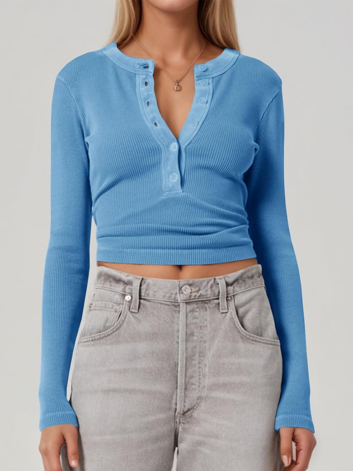 Tankaneo Womens Deep V Neck Tops Ribbed Knit Long Sleeve Henley T-Shirts Fall Slim Fit Going Out Tees - Image 3