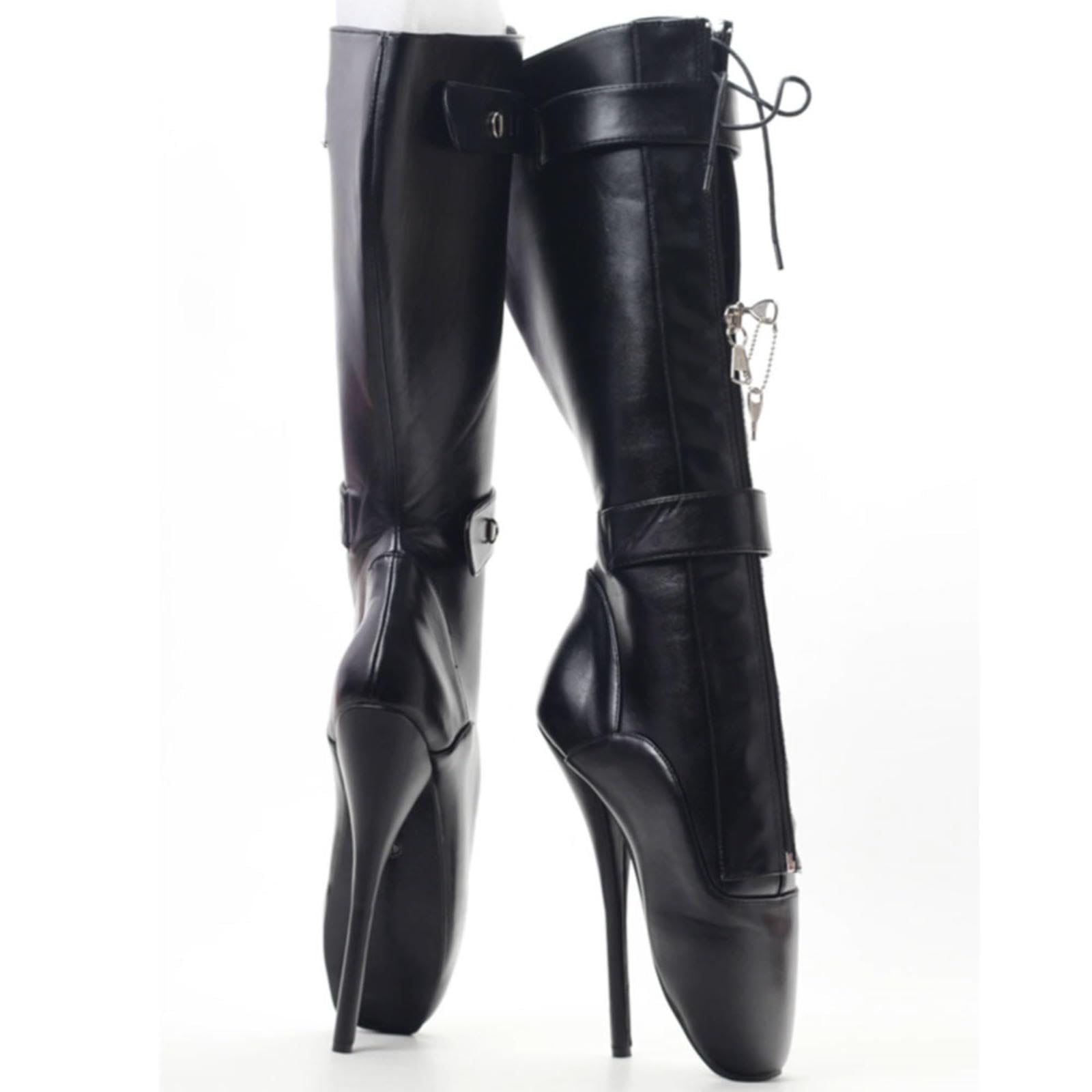 Talons Hauts 18 Cm Chaussures de Ballet Brevet en Cuir de Cuir Moyen de Veau avec Serrures,Black-42