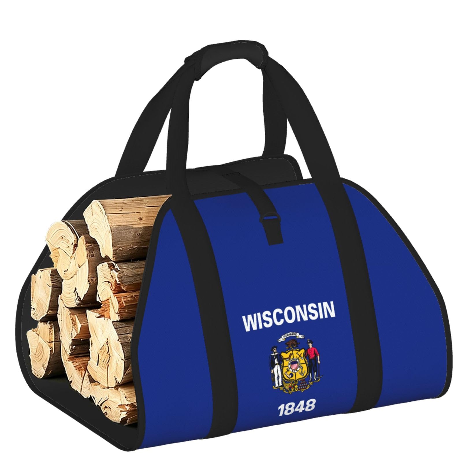 Ayyqwe Black Wisconsin State Flag Print Firewood Bag Wood Waterproof Versatile Camping Picnic Storage Daily Home