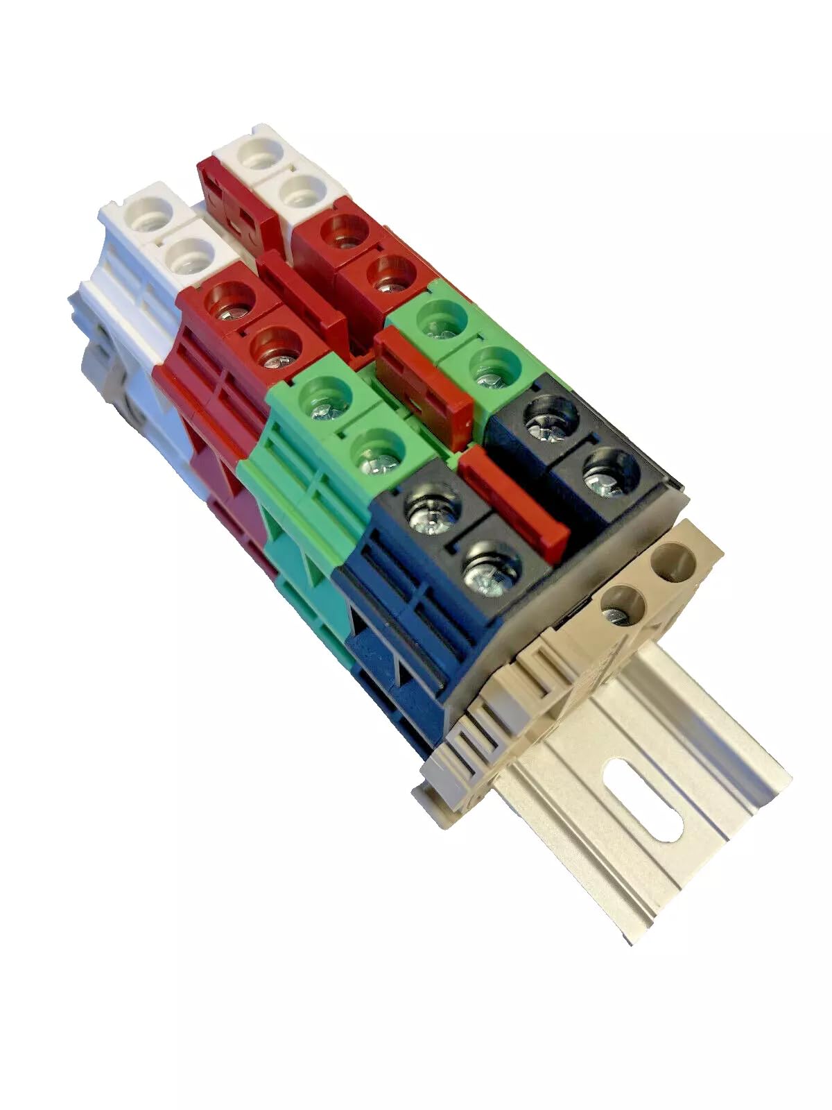 Power Distribution UL International Connector Dinkle Parallel Assembly DK10N White Red Green Black with Jumpers DIN Rail Terminal Blocks, 6-20 AWG, 60