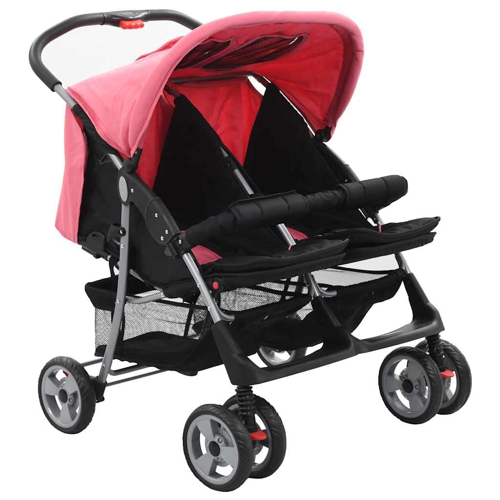 Cochecito gemelar para 2 niños, color rosa y negro, marco de acero, plegable, 6-36 meses