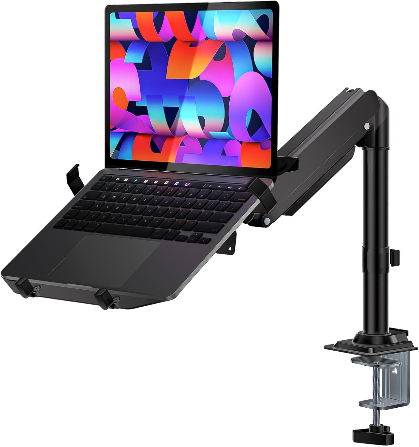 WALI GSDM00LP Laptop Desk Mount - Adjustable Gas Spring Arm for 15.6" Notebooks & 32" Monitors, Ventilated Tray, Up to 22lbs, Black