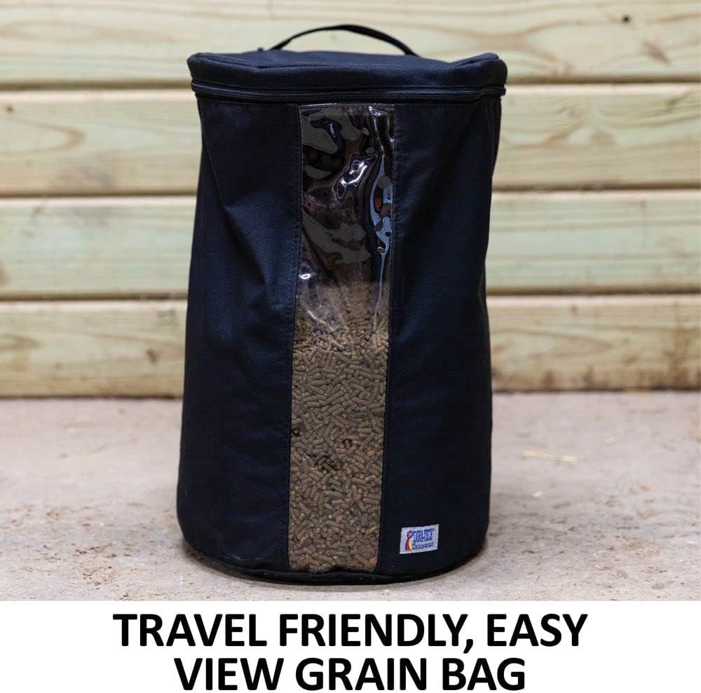 Dura-Tech E-Z View Grain Bag | Color Black | Horse Stable Essential | Travel-Friendly Grain Bag | E-Z View Front Panel | Holds Week's Worth of Grain | Durable 1000D Cordura Material