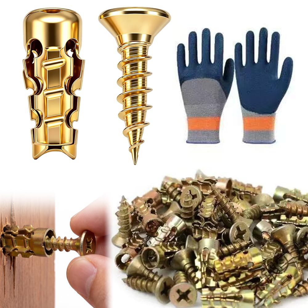 100PCS 6×14mm Short Expansion Screw Set, Door Hinge Thread Repair Screws With Gloves, Self Drilling Serrated Iron Expansion Screw, Heavy Duty Anchors and Screws for Cabinet Hinge Scre-w Hole Repair