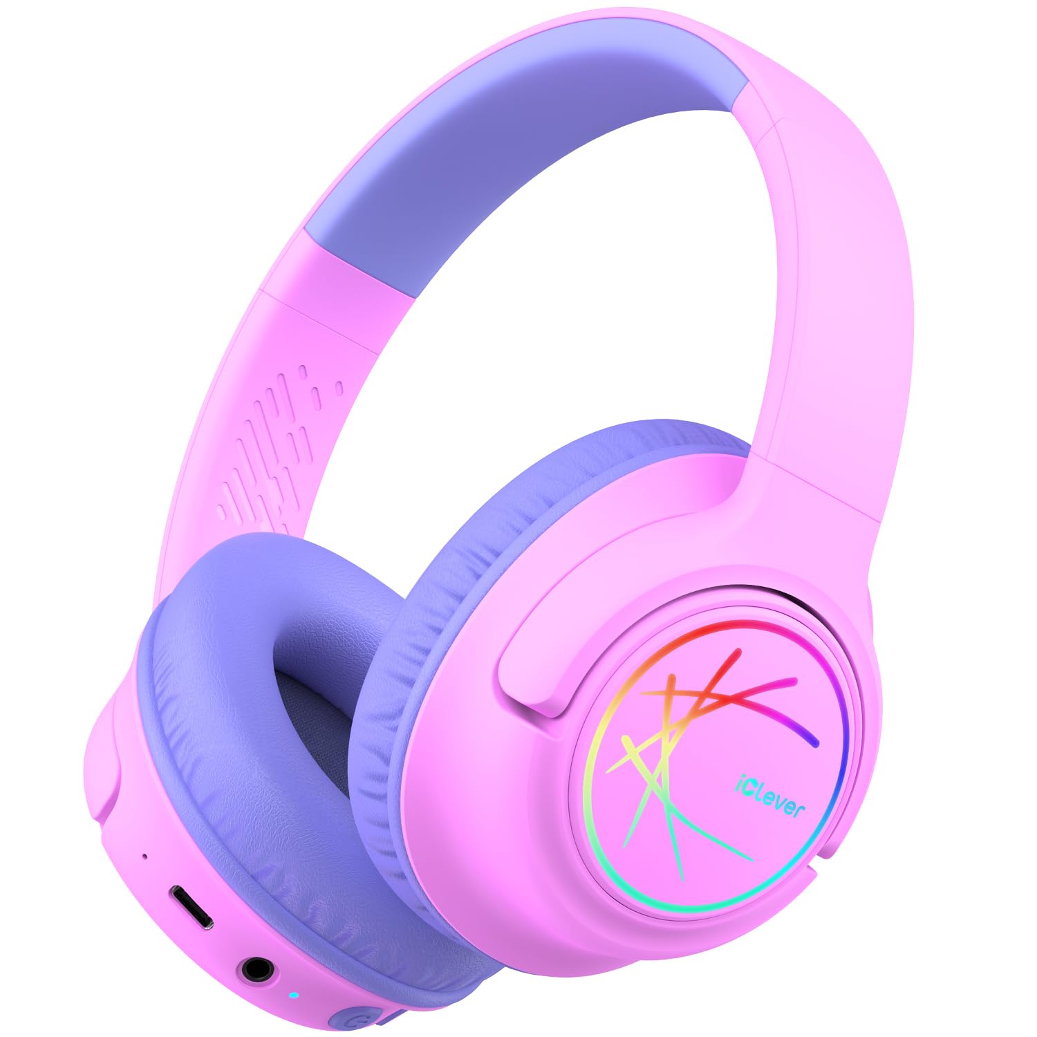iClever Bluetooth Kopfhörer Kinder mit LED-Leuchten, 74/85dBA Lautstärkebegrenzung, 43 Stunden Spielzeit, Stereo-Sound, Typ-C, AUX-Kabel, Bluetooth5.3 Kinderkopfhörer für Tablet/Reisen