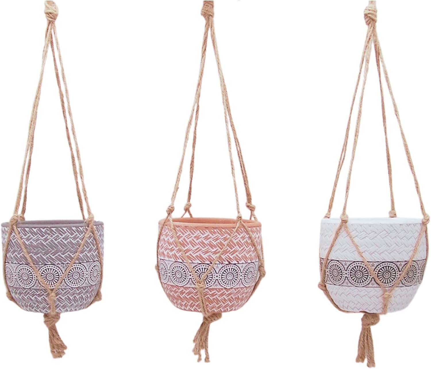 Wowser Small Terra Cotta Planters with Jute Hangers, Set of 3, Weave and Circle Design, Indoor or Outdoor Decor, 4.75 Inches