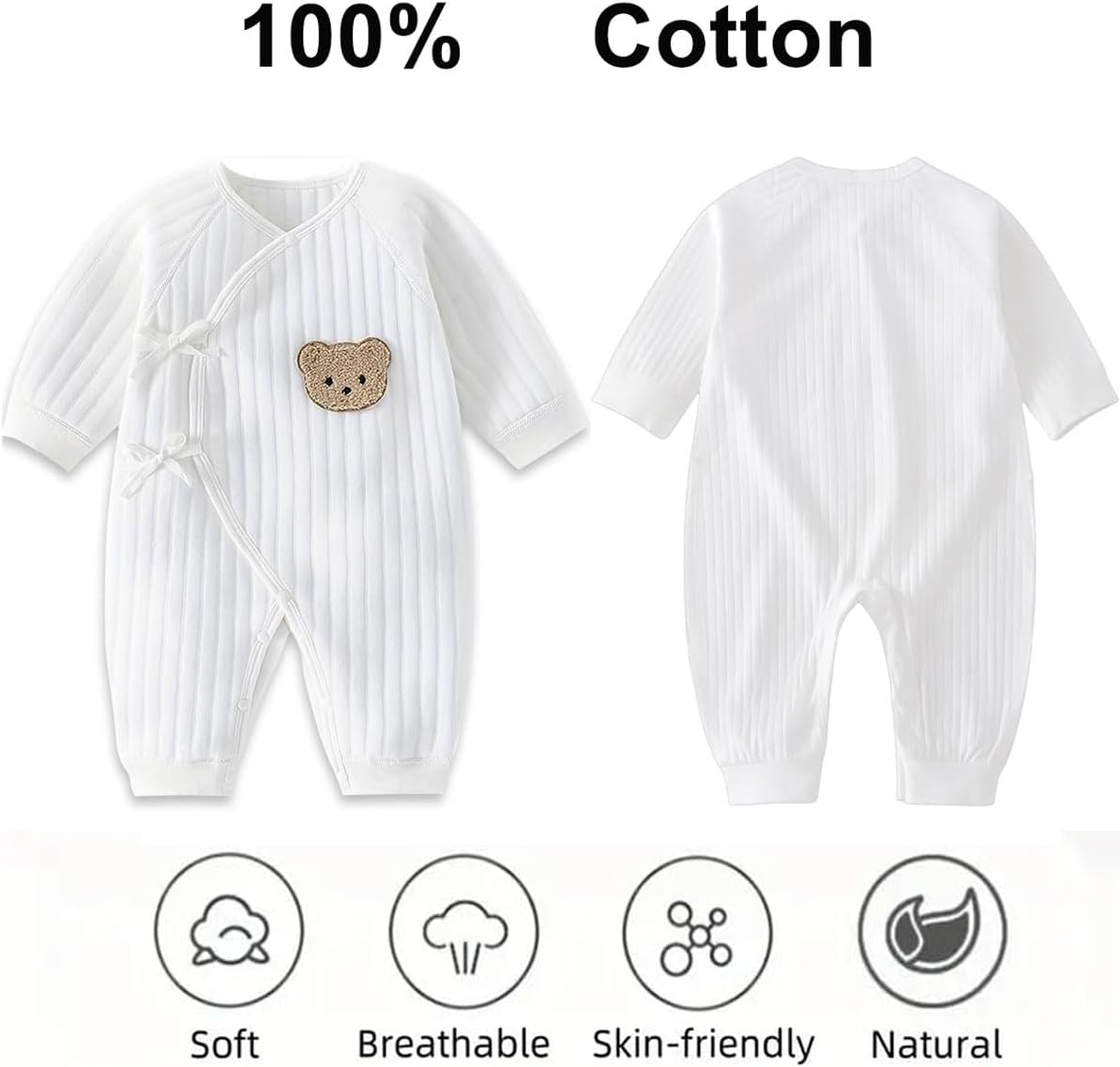 Newborn Baby Onesie with Hat,100% Cotton Cute Bear Long Sleeve Baby Grows Bodysuit, Soft Infant Newborn Boy's Girl's Clothes - Image 2