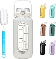 Vista 8 de Botellas de agua de vidrio de 64 oz con pajilla de medio galón, botella de agua motivacional grande con marcador de tiempo, botellas de agua