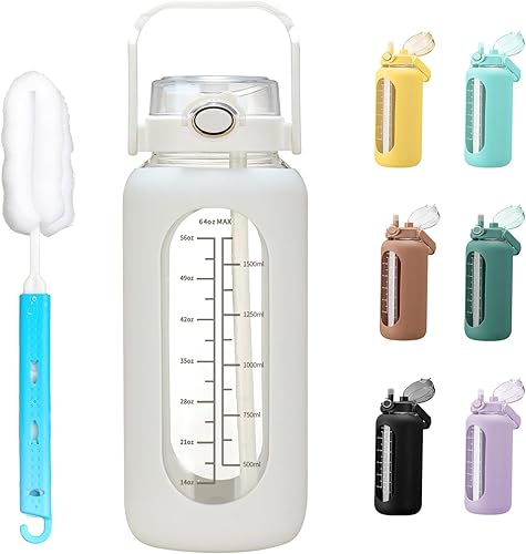 Miniatura 8 de Botellas de agua de vidrio de 64 oz con pajilla de medio galón, botella de agua motivacional grande con marcador de tiempo, botellas de agua