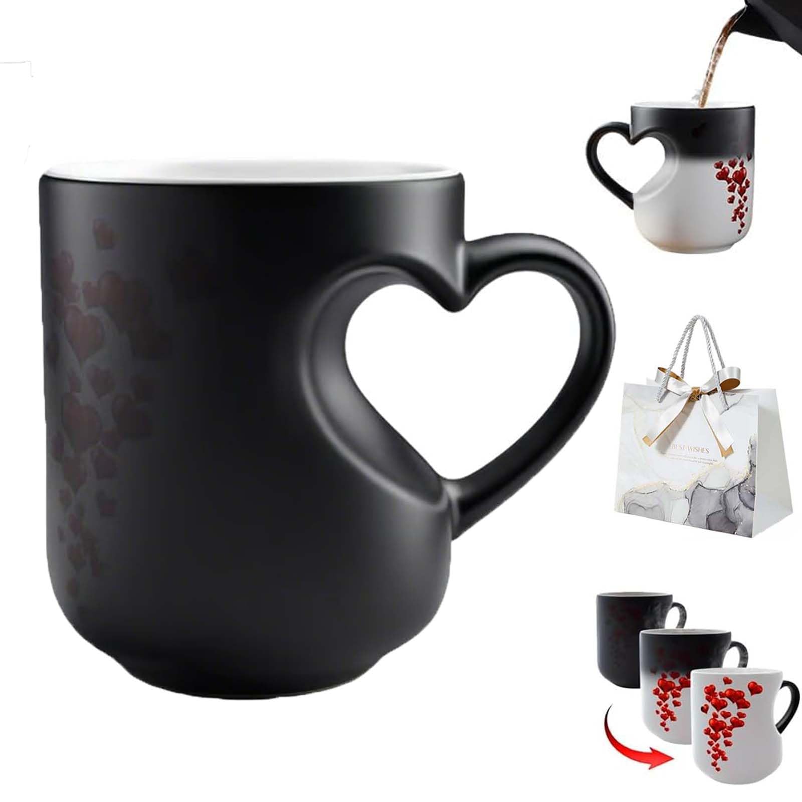 Pnedeodm Heart-Shaped Color Changing Magic Ceramic Mug, Funny Color Changing Coffee Cup, Heart Shaped Handle Ceramic Coffee Cup for Valentine's Day, Romantic Gift (Black)