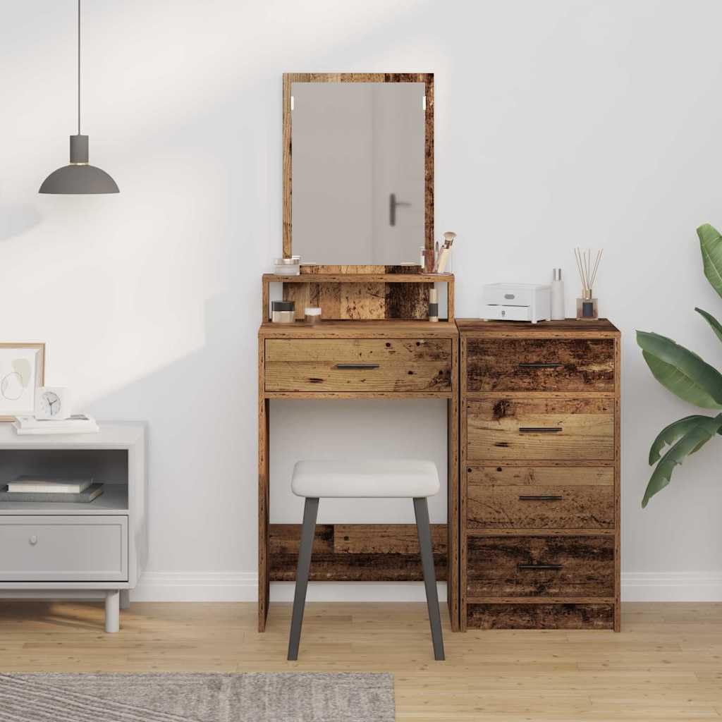 Schminktisch mit Regal Altholz Holzwerkstoff 50 x 41 x 140 cm mit Schublade und Spiegel, Kosmetiktisch für Schlafzimmer, Makeup Styling und Pflege, modernes Vintage Design