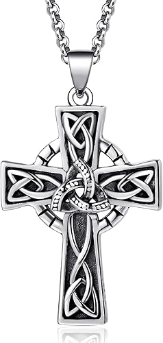 LES OSEWA Collar de cruz celta para hombre, dije de cruz de plata de ley, collar de nudo de trinidad celta, triquetra, buena suerte, joyería celta