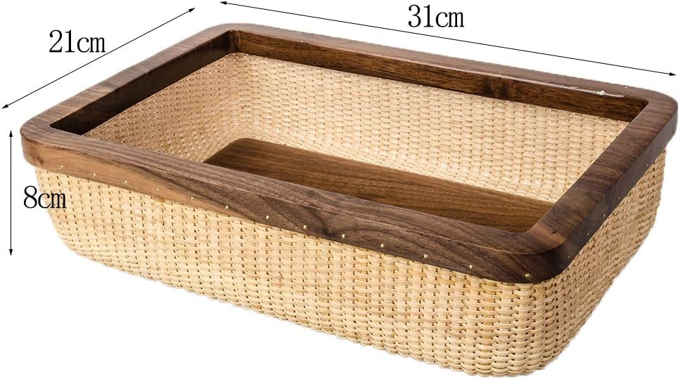 Nantucket Basket Rattan and Solid Wood Home Decorations for Living Room Modern Storage Basket Square Jewelry Box Fruit Baskets for Table Storage Baskets Woven (Large Black Walnut 12.2" H3)